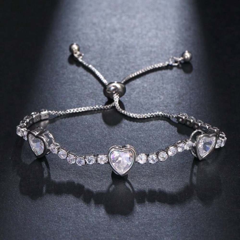 Elegant Silver Heart CZ Bolo Bracelet